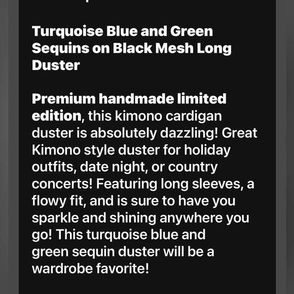 TURQUOISE BLUE & GREEN SEQUINS ON BLACK MESH LIMITED EDITION LONG DUSTER - Picture 2 of 7